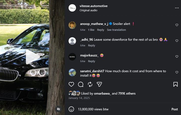 Screenshot of Vitesse's most-viewed Instagram post showing its view count